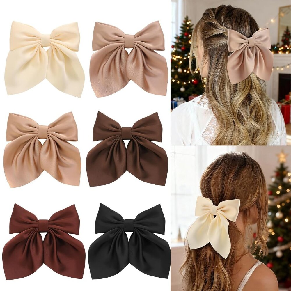 6pcs Hair Bows For Women, Bow Hair Clips, Silky Satin Hair Bows For Girls, Neutr